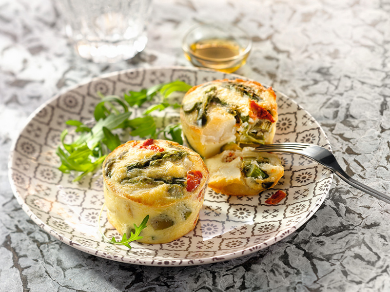 Clafoutis de pommes de terre primeur aux asperges et tomates confites