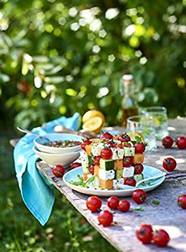 Rubiks cube aux tomates cerises, feta, melon de nos régions et concombre