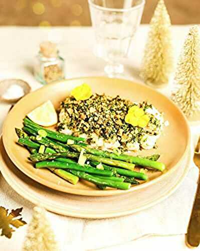 Filet de cabillaud en croûte d’herbes et légumes verts glacés