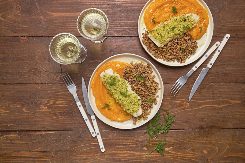 Églefin en croûte d’herbes & purée de potimarron