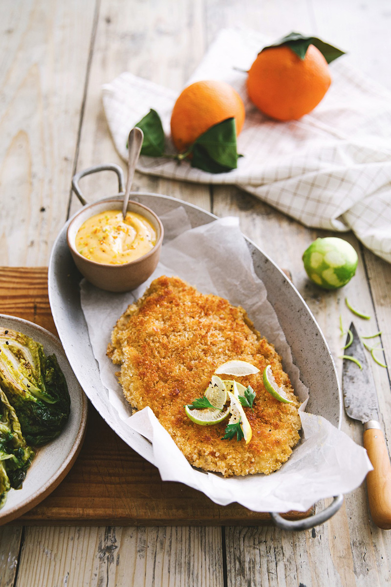 L’escalope de veau à la milanaise, mayonnaise aux agrumes