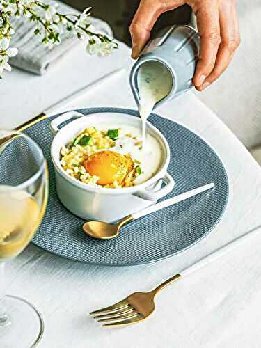 Cassolettes de Perles aux œufs et à l’avocat sauce Bleu d’Auvergne