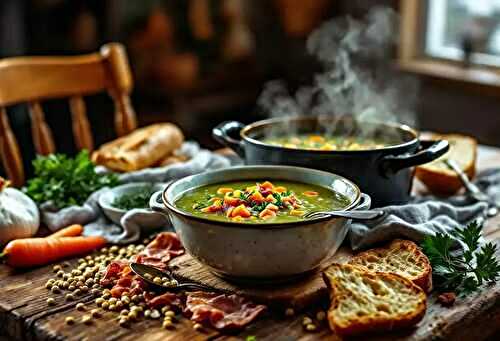 Soupe rustique de lentilles vertes aux lardons fumés