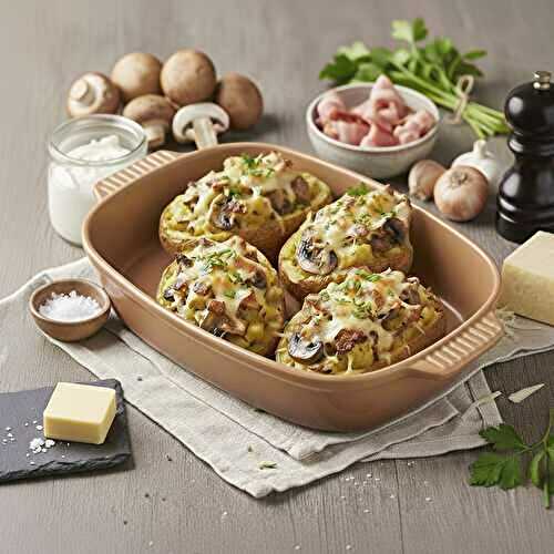 Pommes de terre rôties farcies aux champignons, jambon et fromage