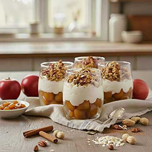 Verrines aux pommes caramélisées, faisselle et granola à la cannelle