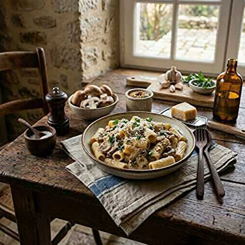 Rigatoni aux champignons, moutarde à l’ancienne et parmesan
