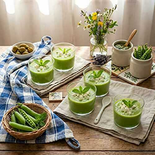 Velouté glacé de petits pois, menthe fraîche et éclats de feta