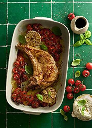 Côte de veau rôtie vinaigre balsamique, tomates & têtes d’ail rôties, burrata, basilic