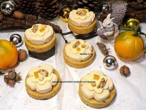 Tartelettes Dulcey, Orange, Noix et Noisette d'après Yann Brys : pâte sablée noix et noisettes, crème de noix et noisettes aux épices à pain d'épices parsemée de noix concassées, confit d'orange au poivre de Timut, ganache montée Dulcey