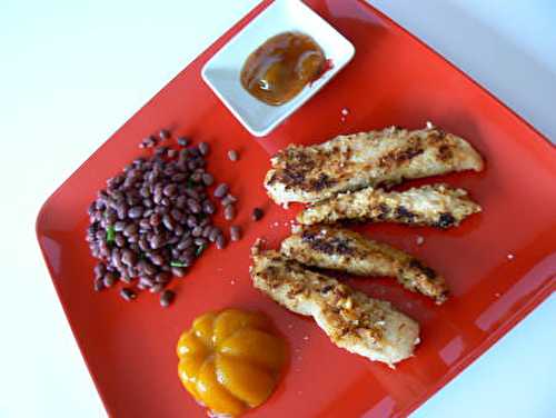 Aiguillettes de poulet pimentées, salade d'haricots azuki au vinaigre de prune