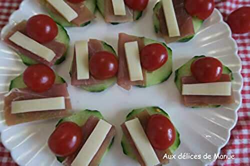 Toasts de concombre au jambon cru, tomate et comté