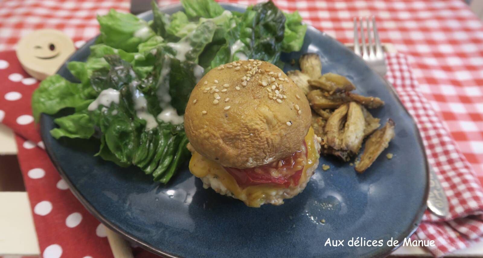 Burger de champignon au poulet et potatoes de pieds de champignons à l'Air Fryer ou au four