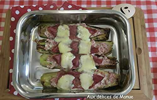 Gratin de poireaux farcis à la crème au bresaola et morbier