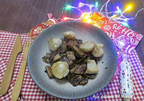 Noix de Saint-Jacques aux lardons et champignons de Paris