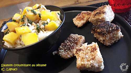Saumon croustillant, riz à la mangue et vinaigrette sésame (Cyril Lignac)