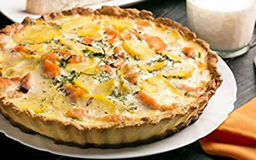 Quiche aux trois fromages, pommes de terre et saumon