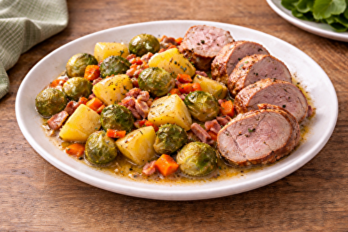 Filet mignon fondant aux choux de Bruxelles et lardons à l'autocuiseur Moulinex