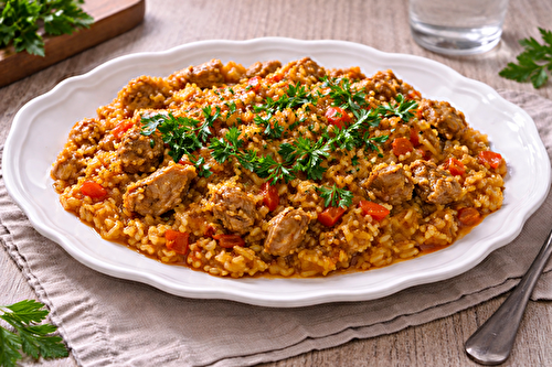 Riz fondant au porc et poivron rouge au multicuiseur Moulinex