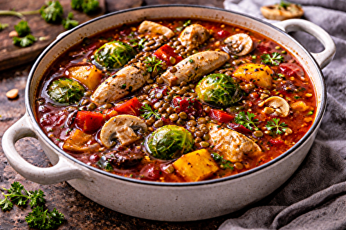 Soupe rouge rustique au poulet et lentilles au cookéo