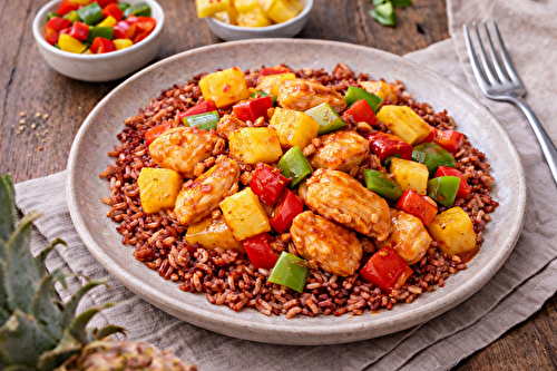 Poulet sucré-salé à l’ananas et poivrons, riz complet à l'autocuiseur Moulinex