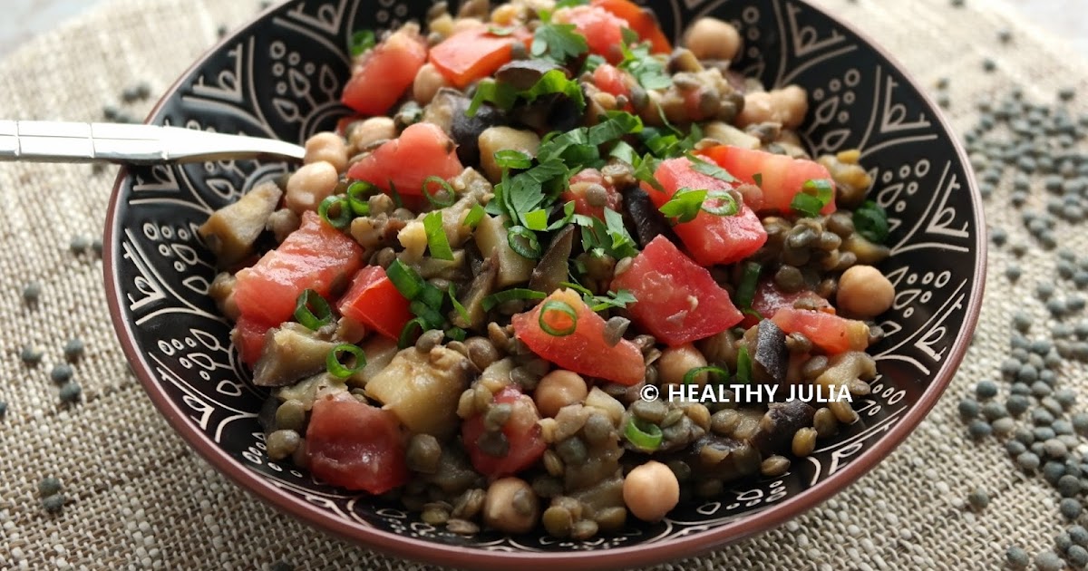 SALADE DE LENTILLES AUX AUBERGINES, TOMATES ET POIS CHICHES