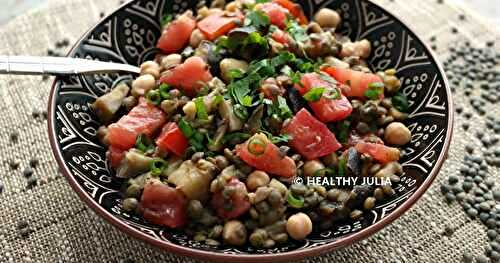 SALADE DE LENTILLES AUX AUBERGINES, TOMATES ET POIS CHICHES