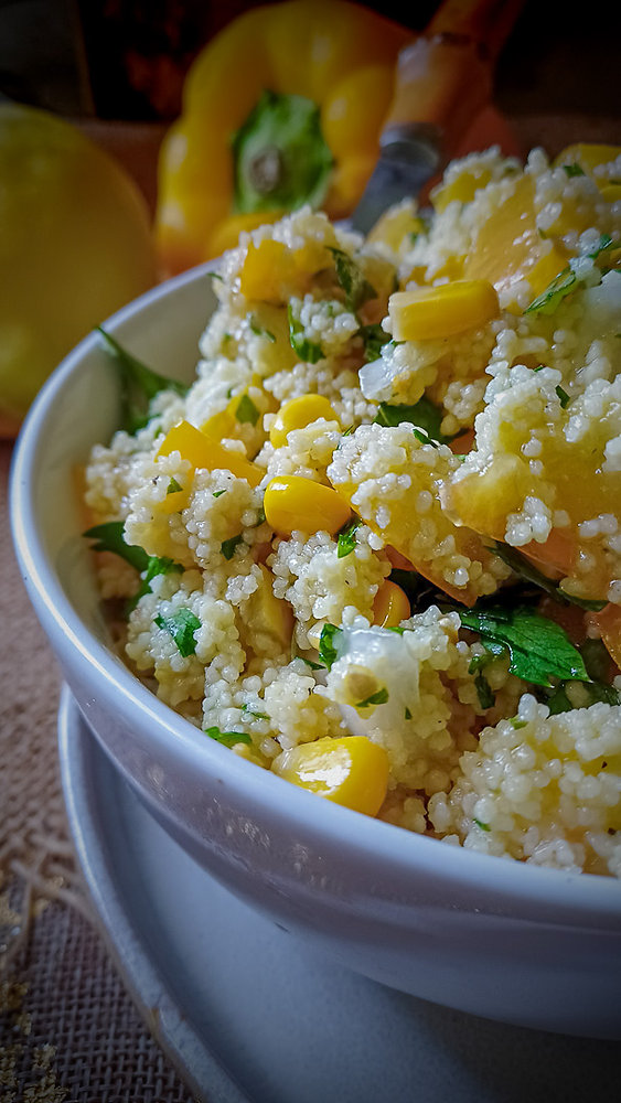 Taboulé jaune, à la tomate ananas, poivron jaune et maïs