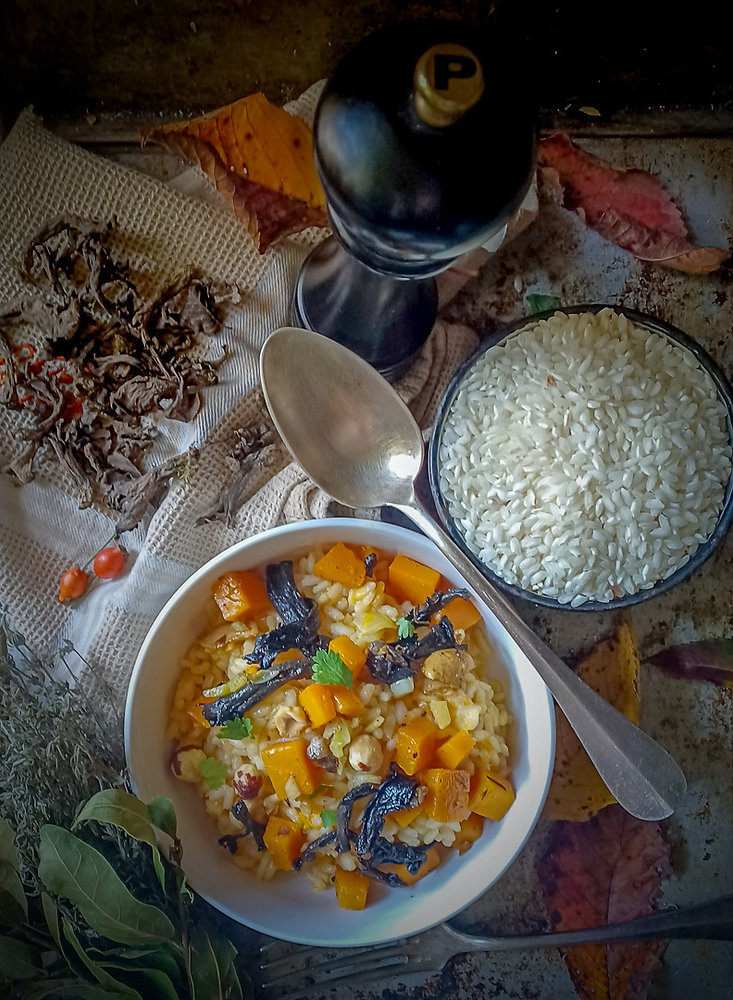 Risotto d'automne à la Courge Butternut, Trompettes des Morts et Noisettes