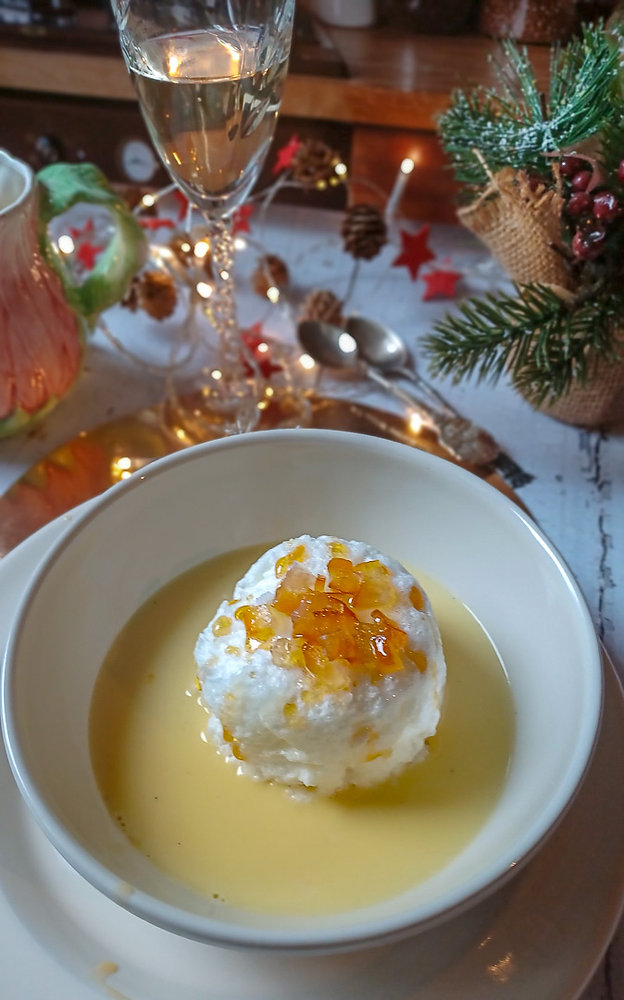 Île Flottante Individuelle avec Crème Anglaise Vanillée, Orange Confite et Caramel