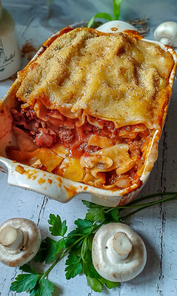 Lasagnes gourmandes au bœuf, champignons et sauce blanche sans lactose