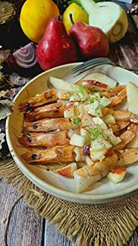 Gambas grillées aux poires et fenouil, relevées de fleur de sel : l’entrée festive qui surprend