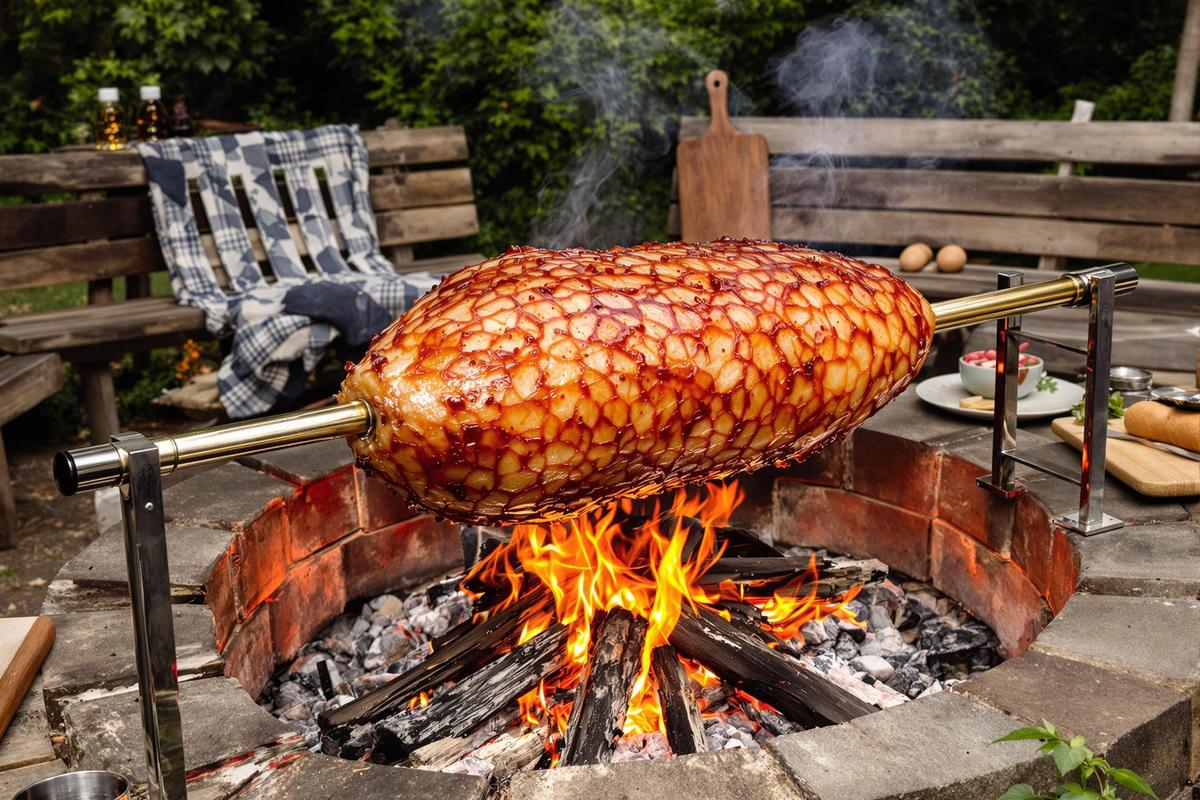 La recette de jambon à la broche au feu de bois