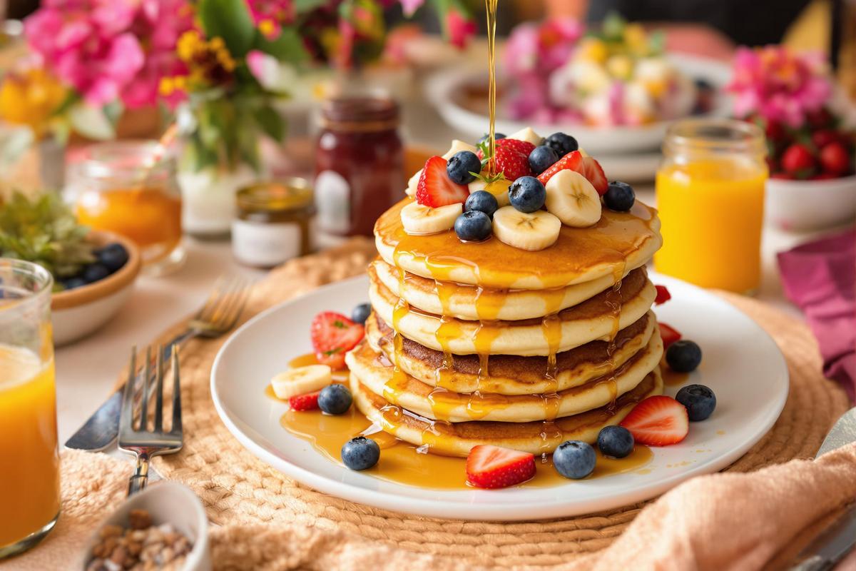 Un brunch du weekend avec des pancakes moelleux