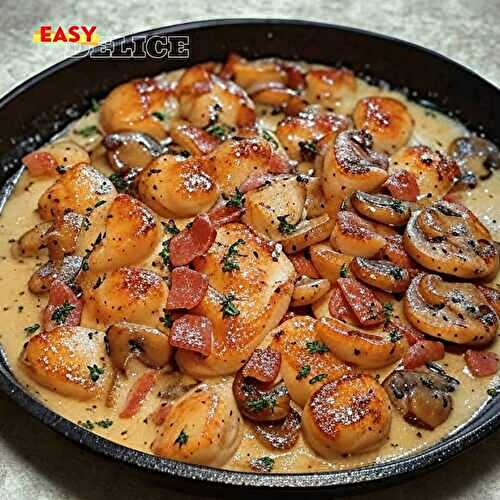 Émincés de Poulet à la Moutarde, Lardons et Champignons