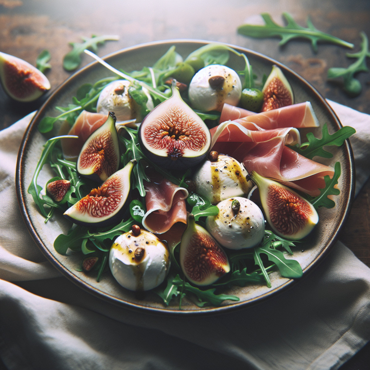 Salade figues fraîches, mozzarella, roquette et jambon cru