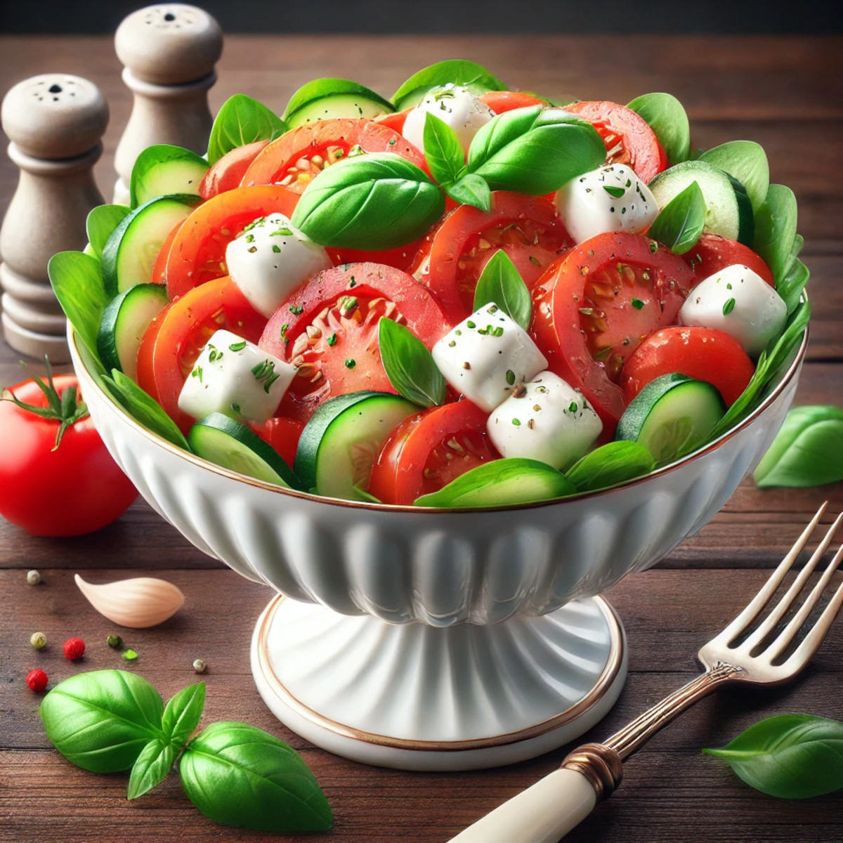 Salade légère pour végétarien tomates concombre et mozzarella