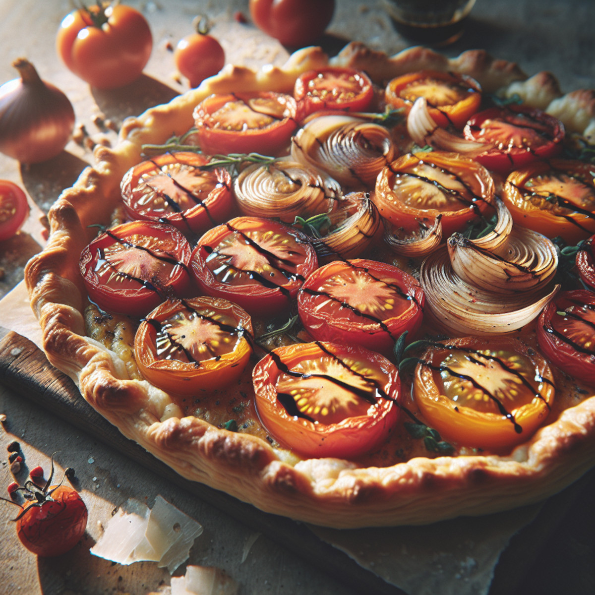 Tarte aux tomates, échalotes caramélisées et balsamique.