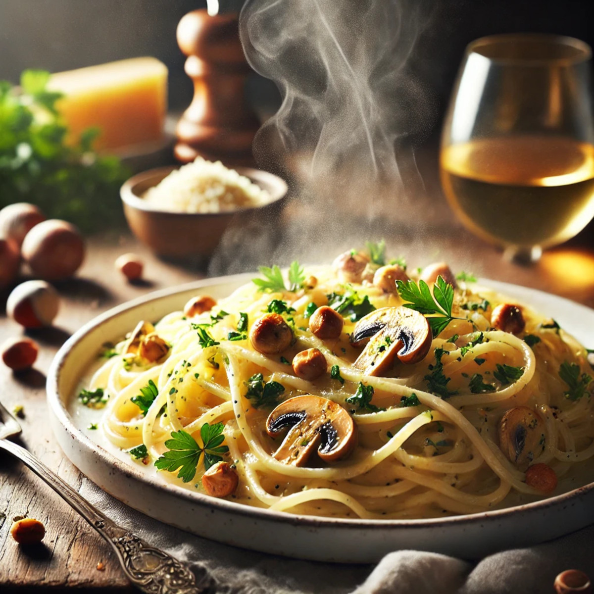 Spaghettis carbonara végétariens aux champignons et noisettes