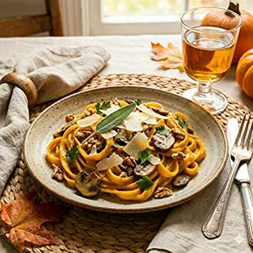 Pâtes crémeuses au potimarron, champignons et noix en 30 min