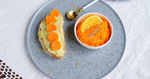 En mode retour de l'AMAP : purée carottes-orange-sésame, tartinade pois-cassés-amande-citron (amap, vegan)