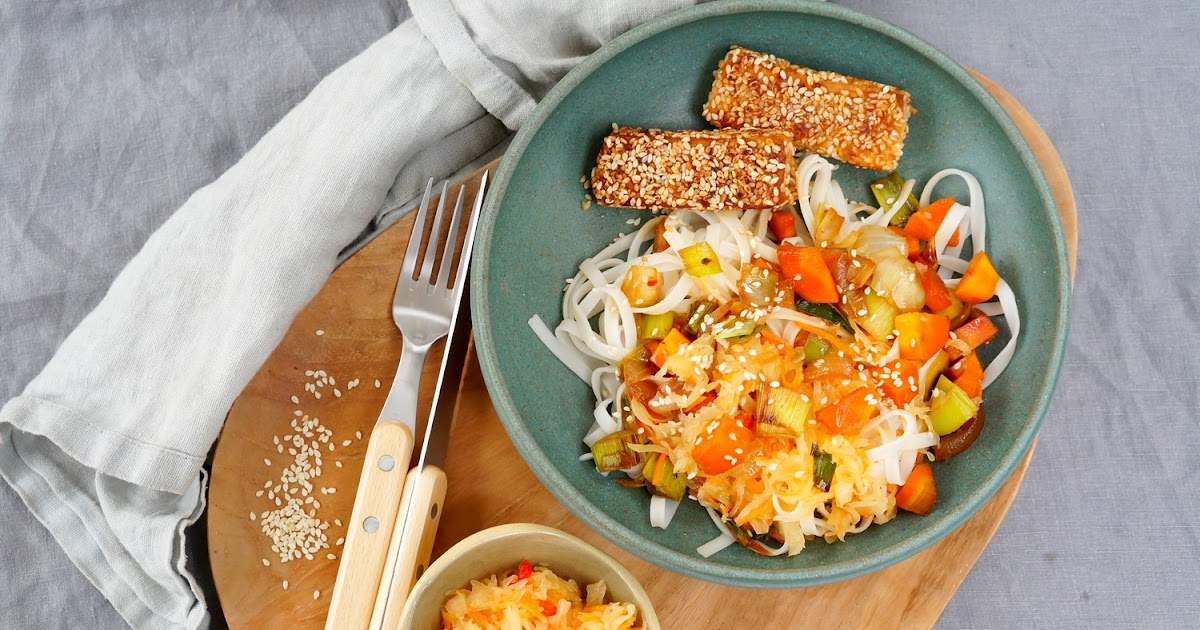 Nouilles sautées aux légumes, tofu mariné (amap, vegan, sans gluten, lactofermentation)