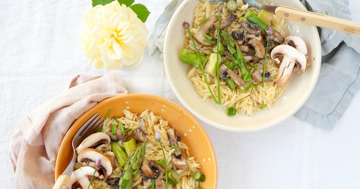 Pâtes langue d'oiseau (orzo), asperges, champignons (veggie, printemps)