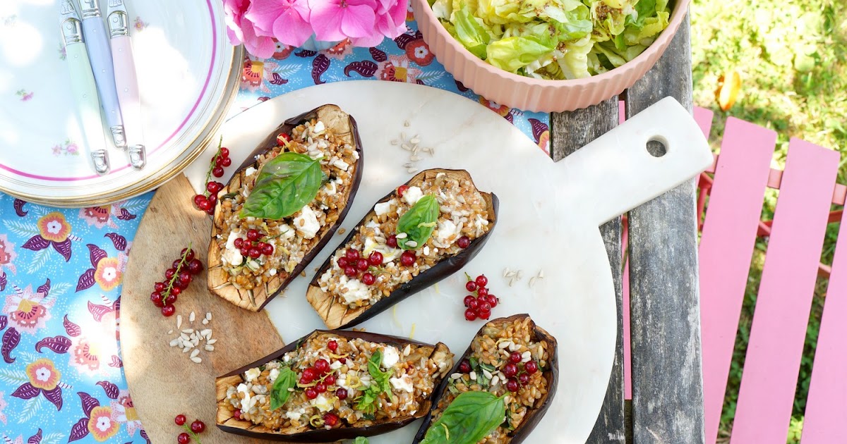 Aubergines farcies au petit épeautre, feta, basilic, groseilles (amap, veggie)