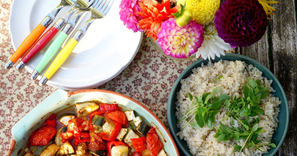 Légumes d'été au four, riz au basilic (amap, sans gluten, vegan)