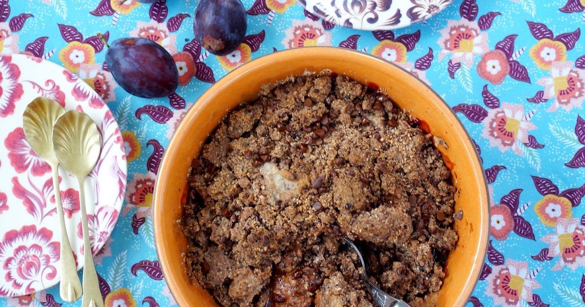 Crumble quetsches, chocolat, cannelle (dessert, goûter, Alsace, sans gluten)