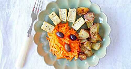 Pommes de terre au parmesan, salade de carottes, tofu au thym (amap, veggie)