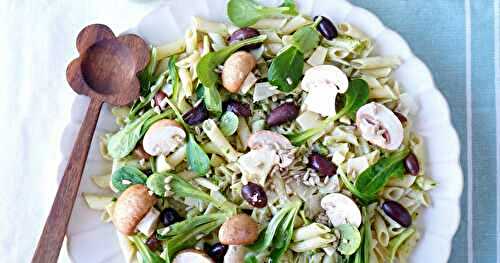 Salade penne, champignons, olives, pesto de mâche (pâtes, amap, veggie)