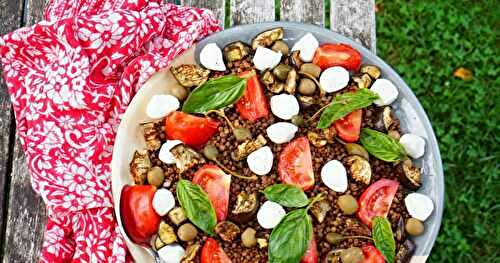 Salade lentilles, tomates, mozza, aubergines, olives (salade, sans gluten, veggie, amap)