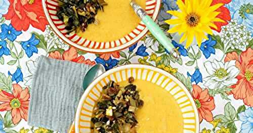 Velouté courge et lentilles corail, topping puntarelle et graines (amap, soupe, vegan, sans gluten)