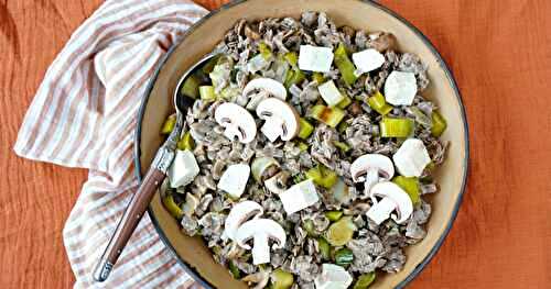 Crozets, poireaux, champignons, tofu fumé (amap, vegan)